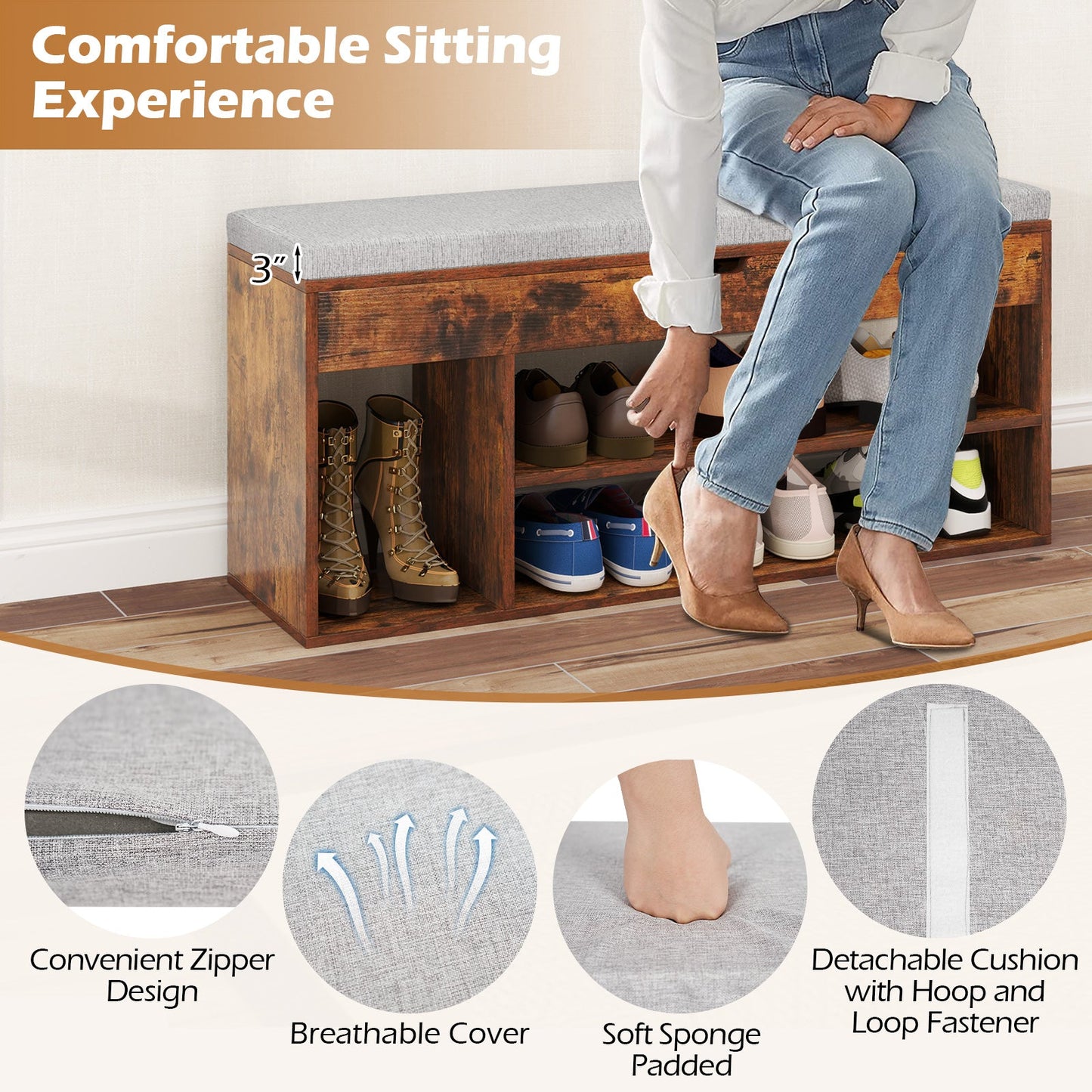 Padded Seat Shoe Bench with Hidden Storage and 3 Open Shelves