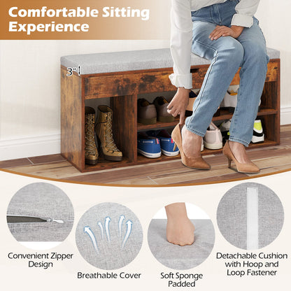 Padded Seat Shoe Bench with Hidden Storage and 3 Open Shelves