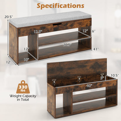 Padded Seat Shoe Bench with Hidden Storage and 3 Open Shelves