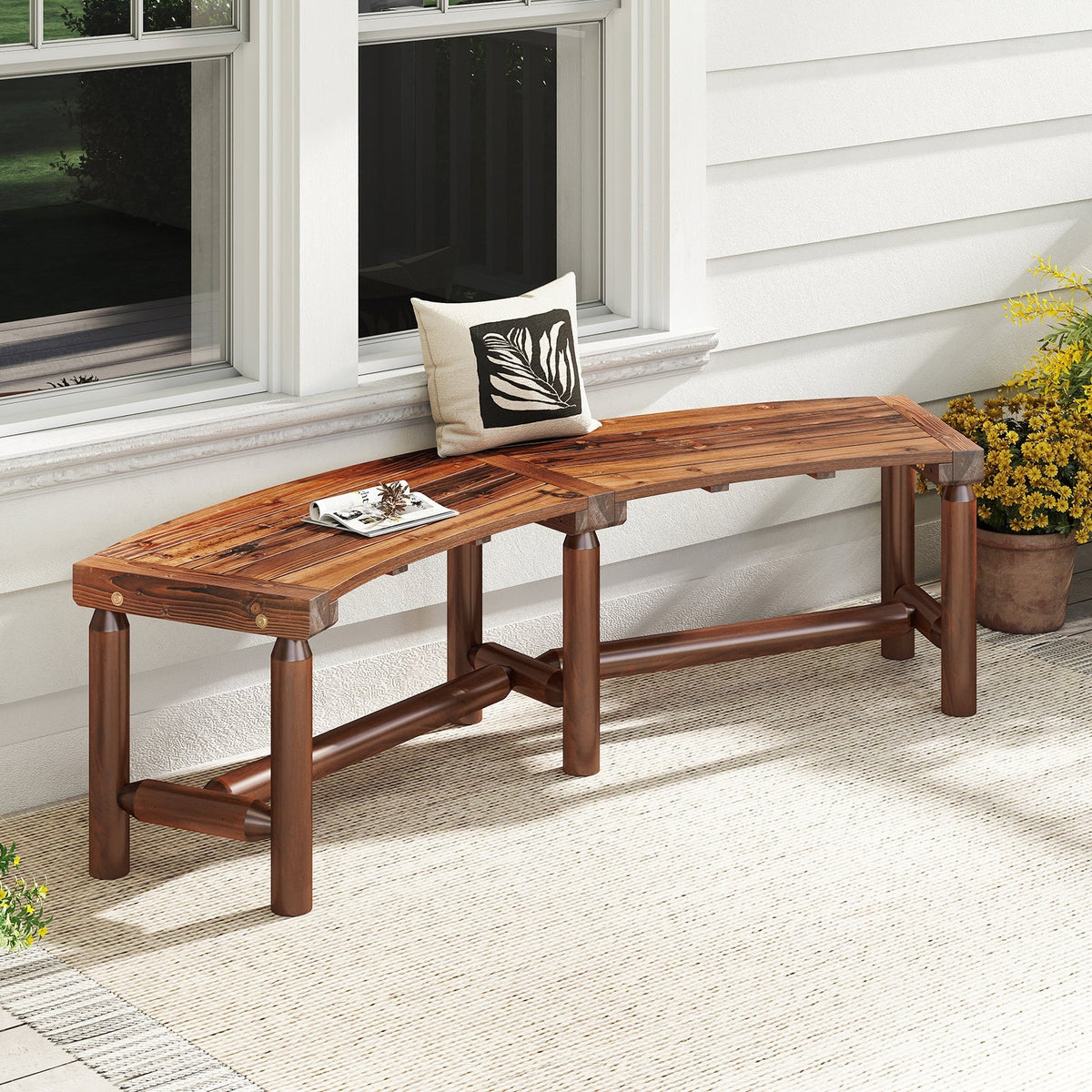 Patio Curved Bench Solid Wood Fire Pit Bench Outdoor Backless Loveseat