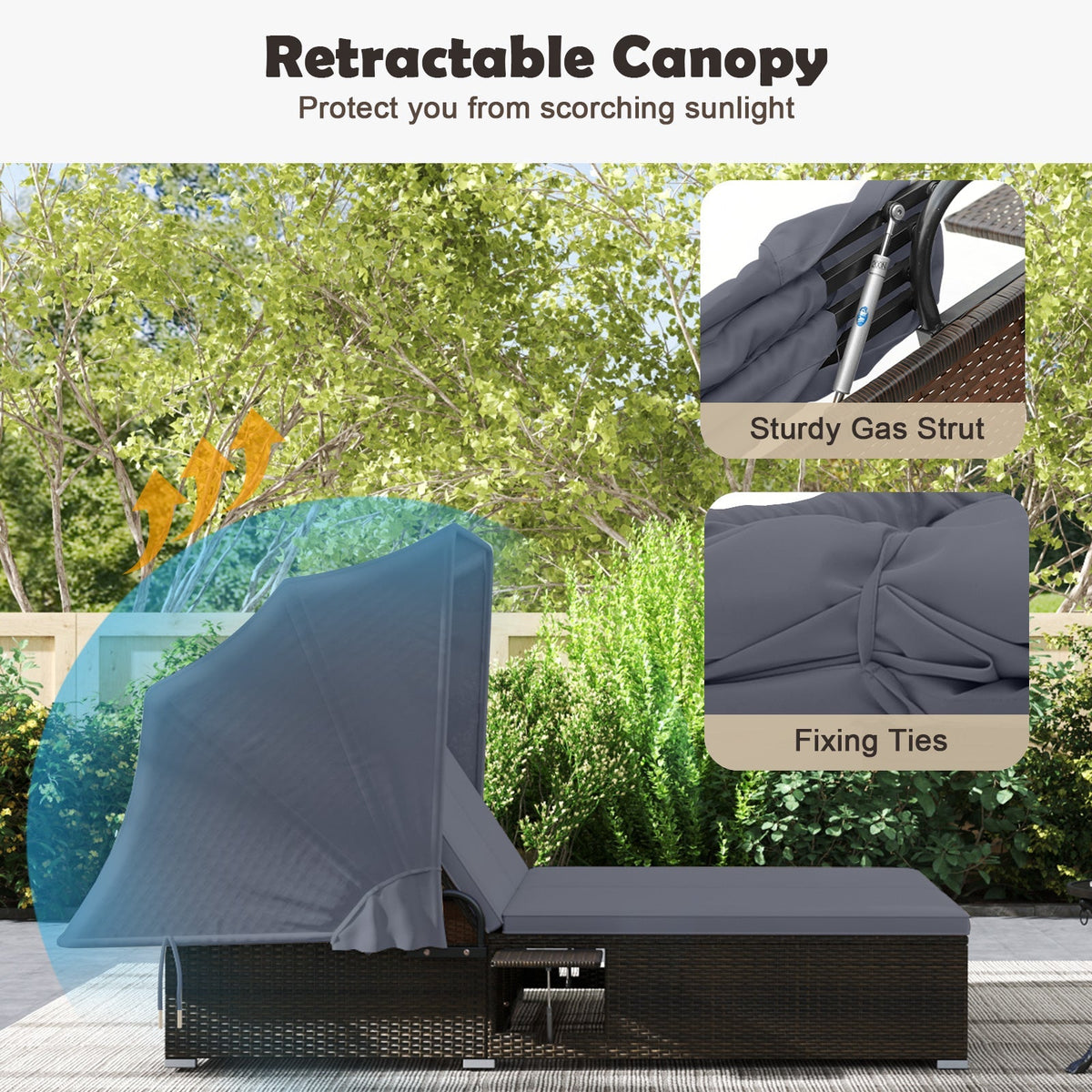 Patio Double Chaise Lounge with Shade Cushions and Folding Side Trays