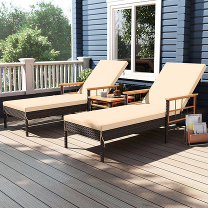 Patio Rattan Chaise Lounge with Side Table and Adjustable Backrest-Beige