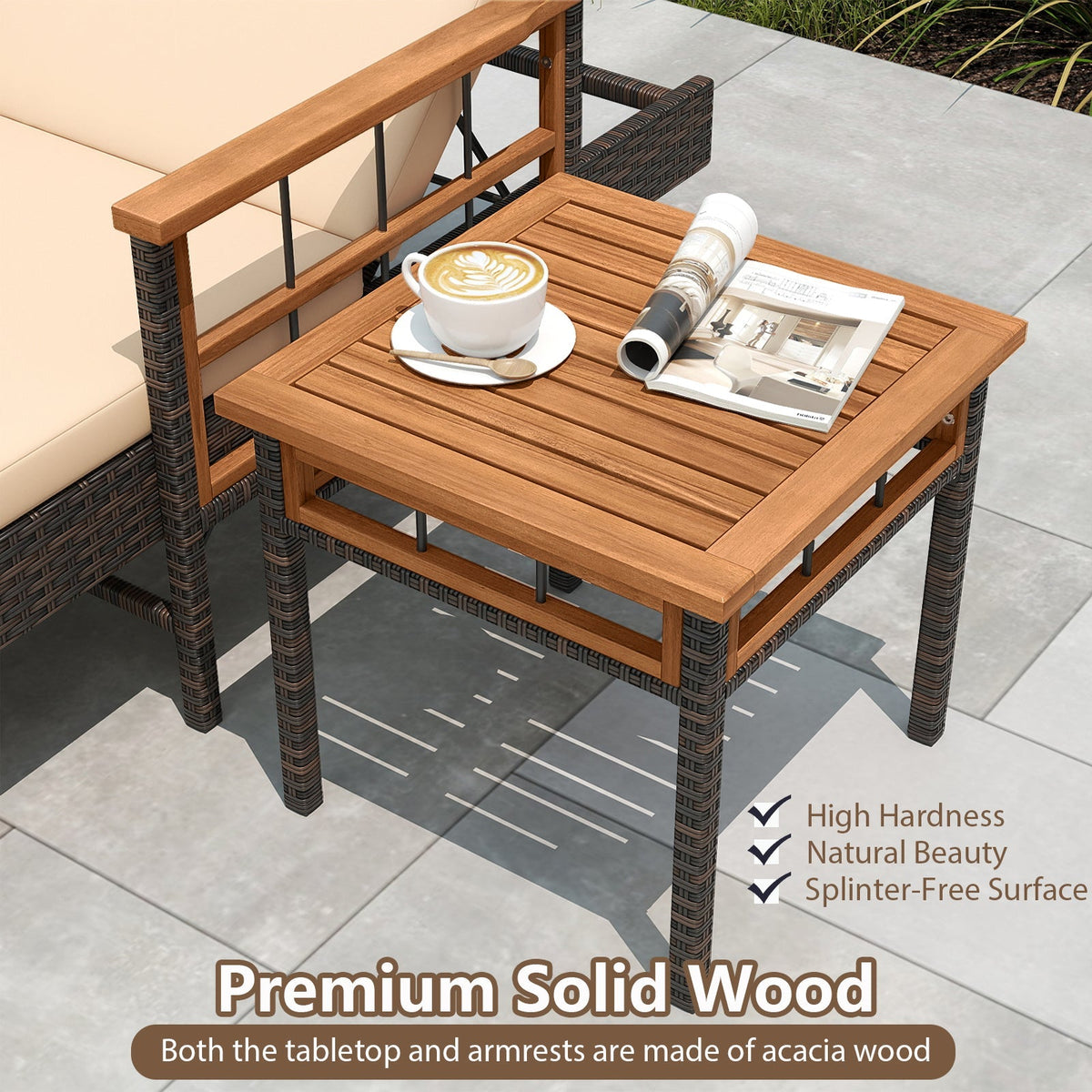 Patio Rattan Chaise Lounge with Side Table and Adjustable Backrest-Beige
