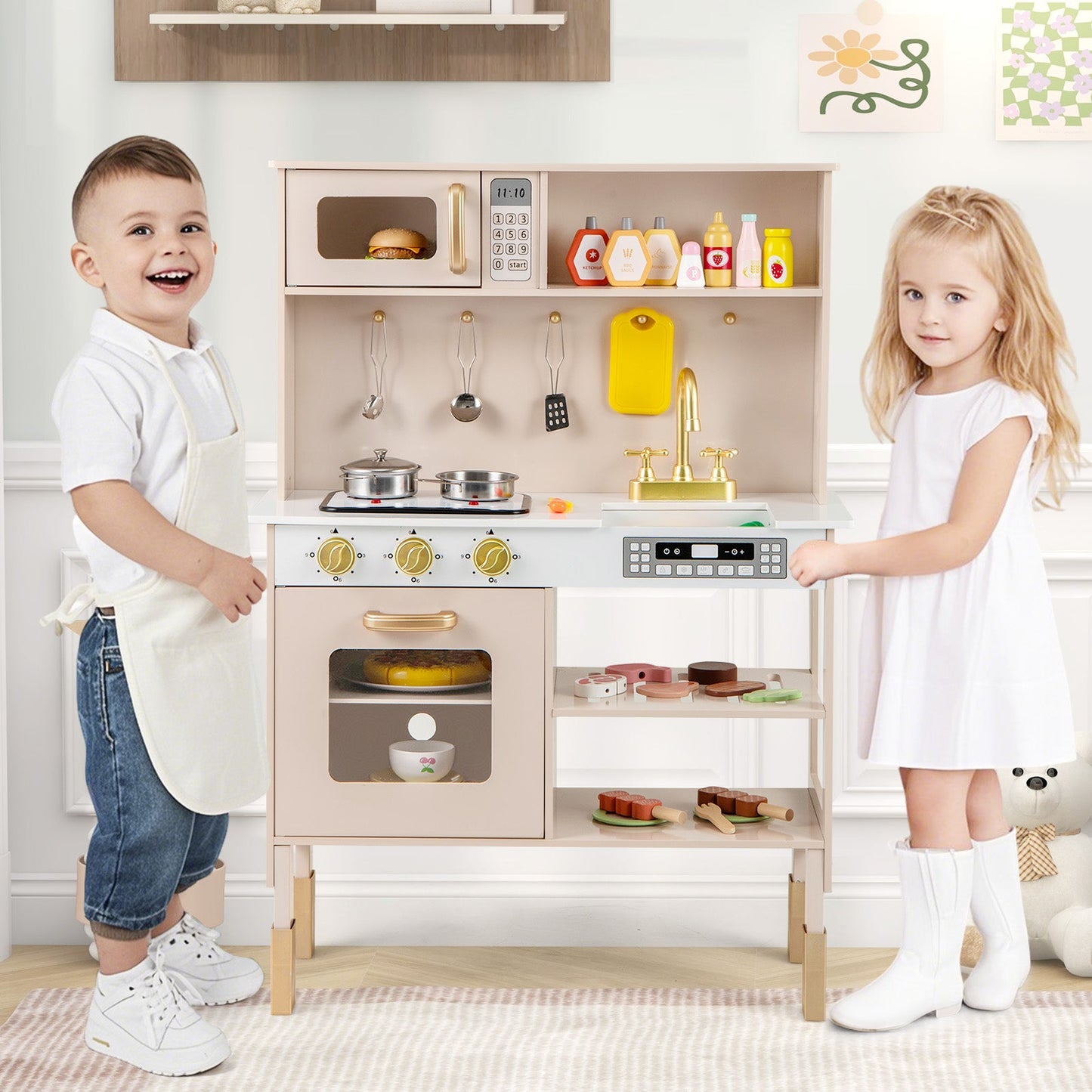 Play Kitchen Height Adjustable with Microwave and Lights and Sounds-Pink