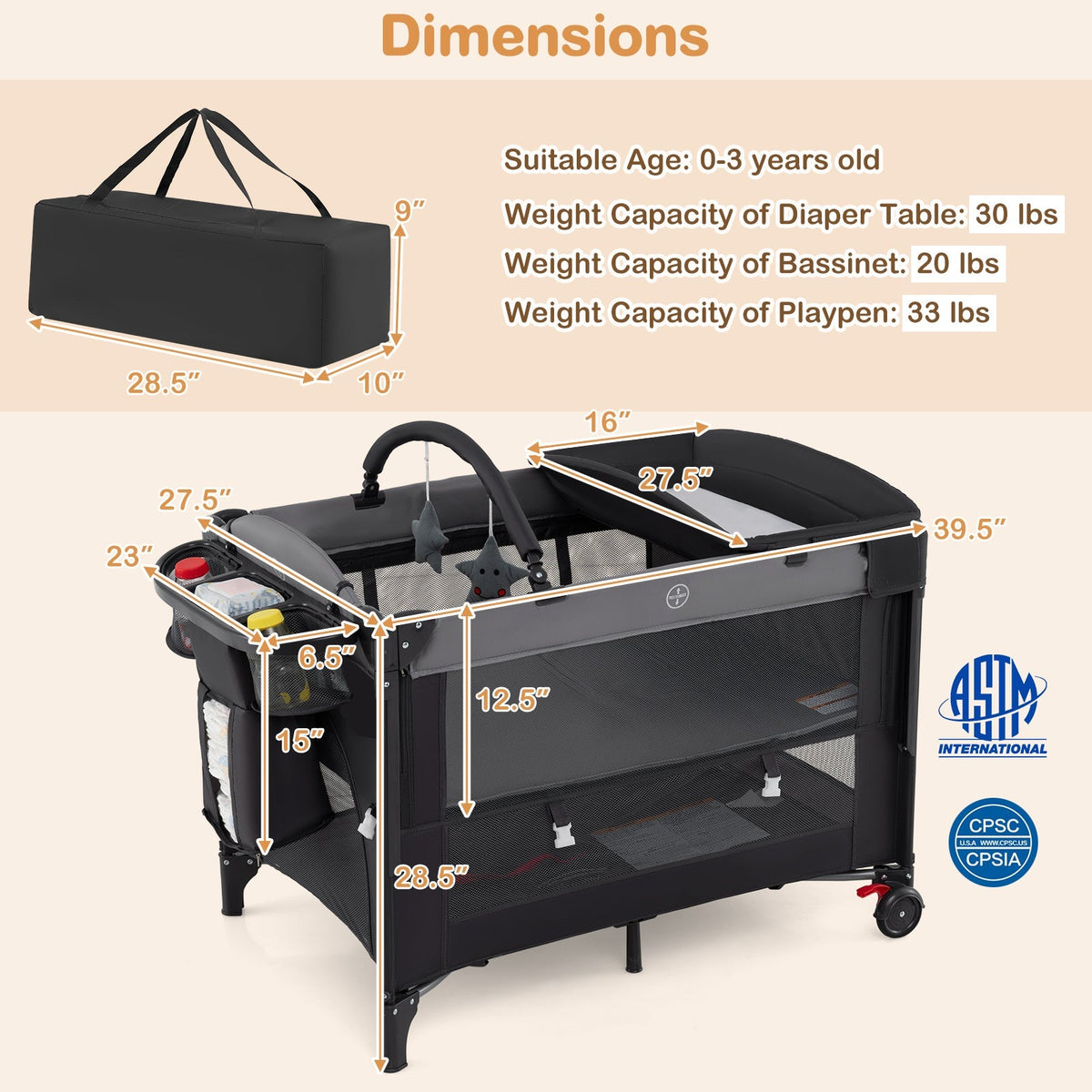 Foldable Baby Bassinet with 4 Adjustable Heights Changing Table and Mattress