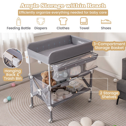 Portable Baby Changing Table with Wheels and Large Storage Rack-Gray