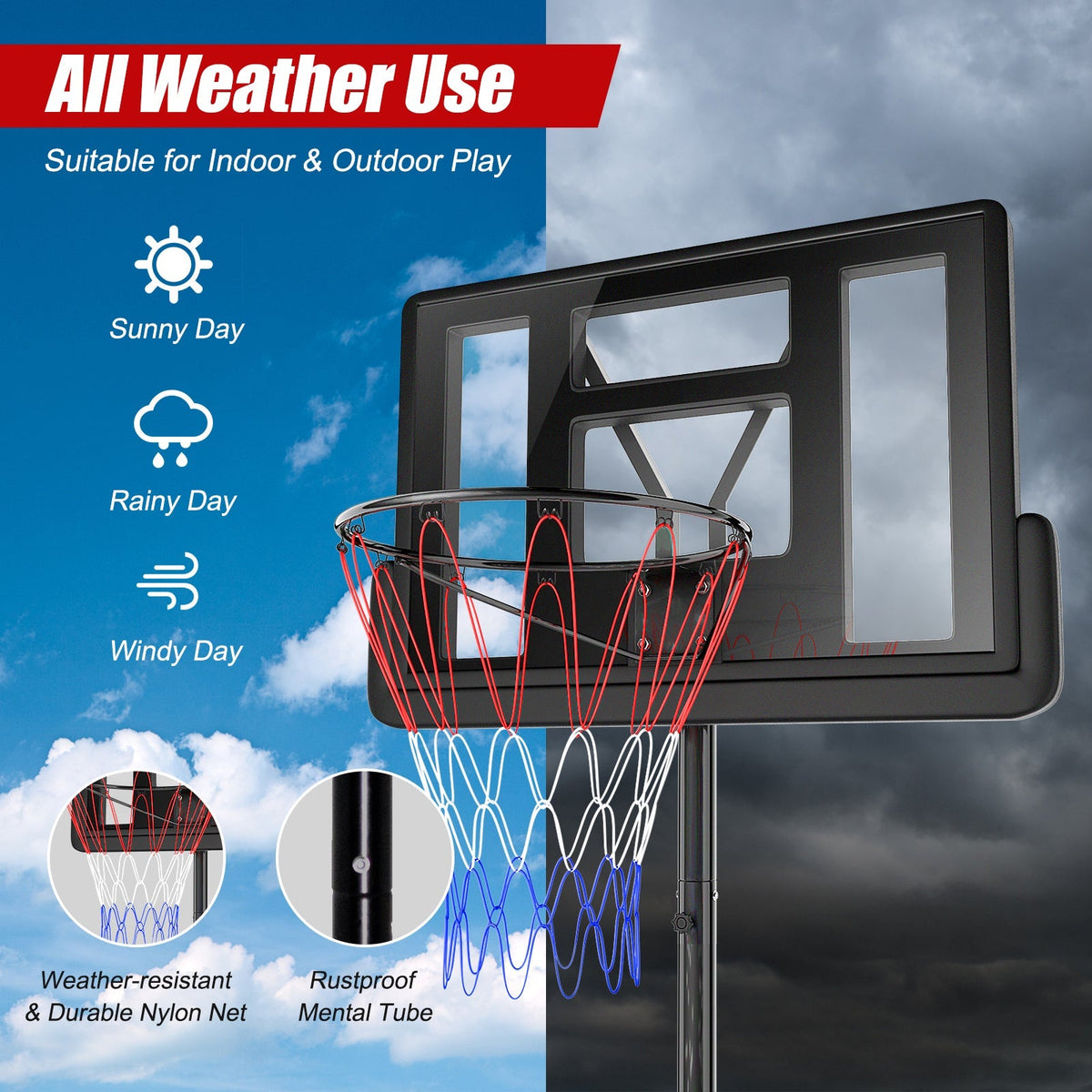Height Adjustable Portable Shatterproof Backboard Basketball Hoop with 2 Nets