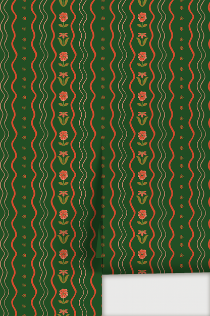 Posy Lane Stripe Wallpaper, dark green and poppy red