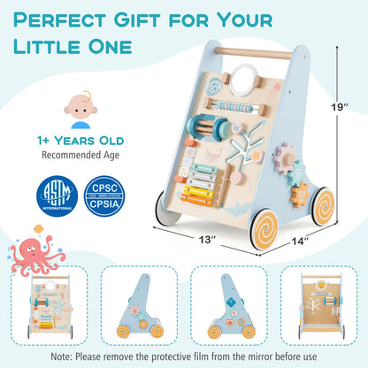 Wooden Baby Walker Push and Pull Learning Activity Center with Wheels-Blue