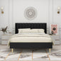 Queen size Mid-Century Black Linen Platform Bed Frame with Upholstered Headboard
