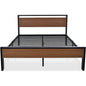 Queen Metal Platform Bed with Walnut Finish Wood Panel Headboard Footboard