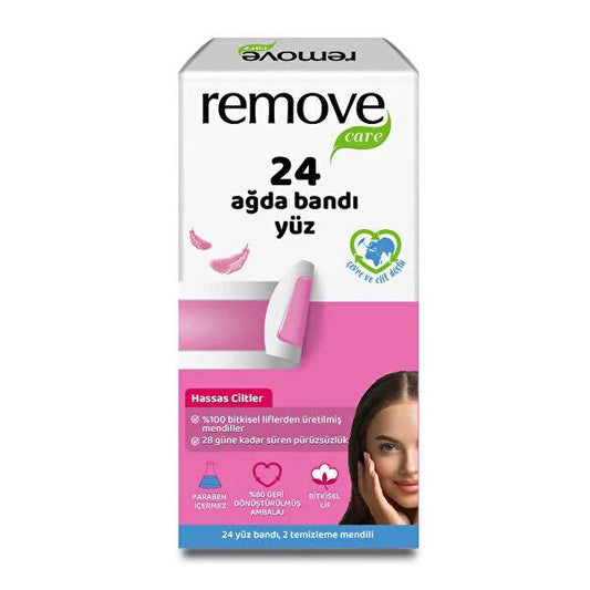 Remove Care Facial Wax Strips for Sensitive Skin - 24 Strips - Up to 4 Weeks Smoothness, Easy & Painless Face Hair Removal for Women at Home