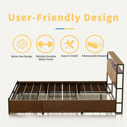 Queen size Platform Bed with Headboard and Storage Drawers in Brown Wood Finish