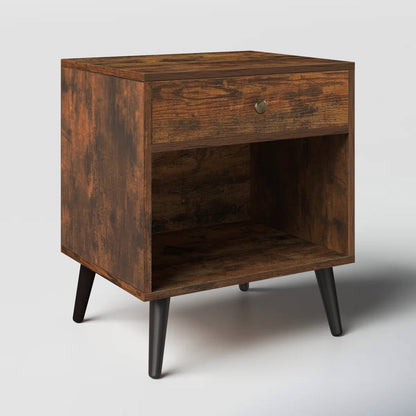 Mid-Century Farmhouse Bedroom 1-Drawer Nightstand End Table with Open Shelf