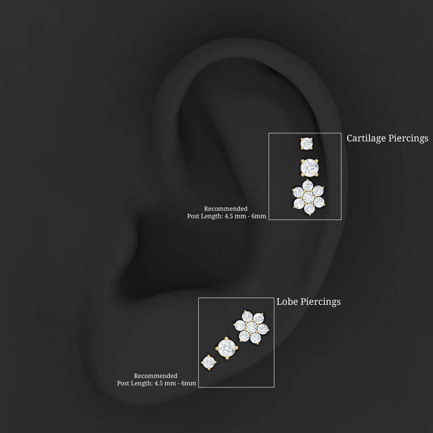 Moissanite Flower Triple Earrings Set for Cartilage Piercing