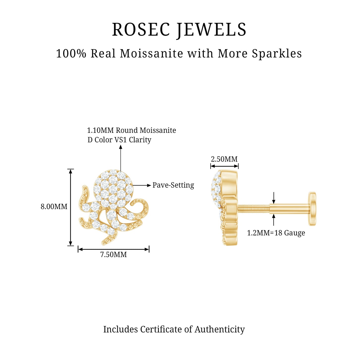 Moissanite Octopus Earring for Cartilage Piercing