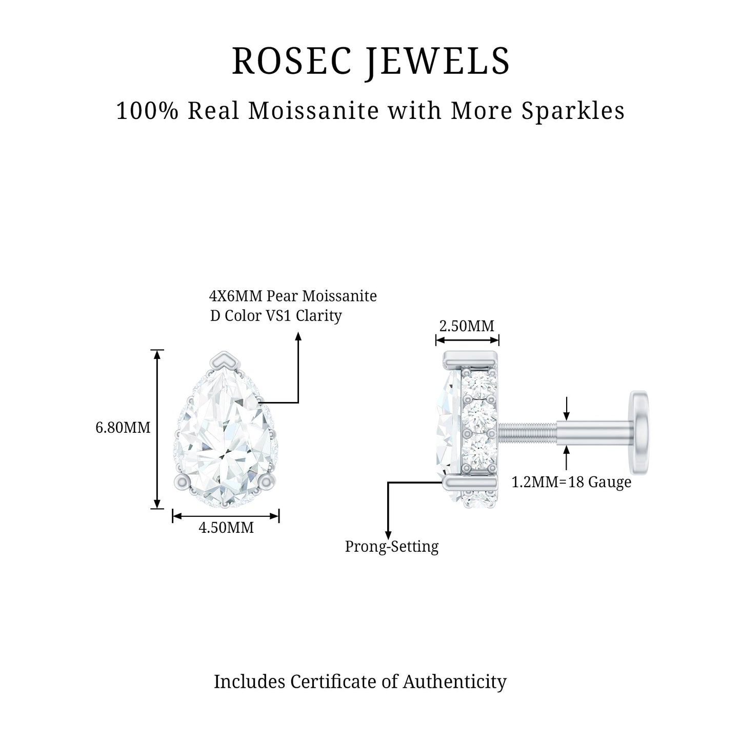 Certified Moissanite Teardrop Helix Earring for Women