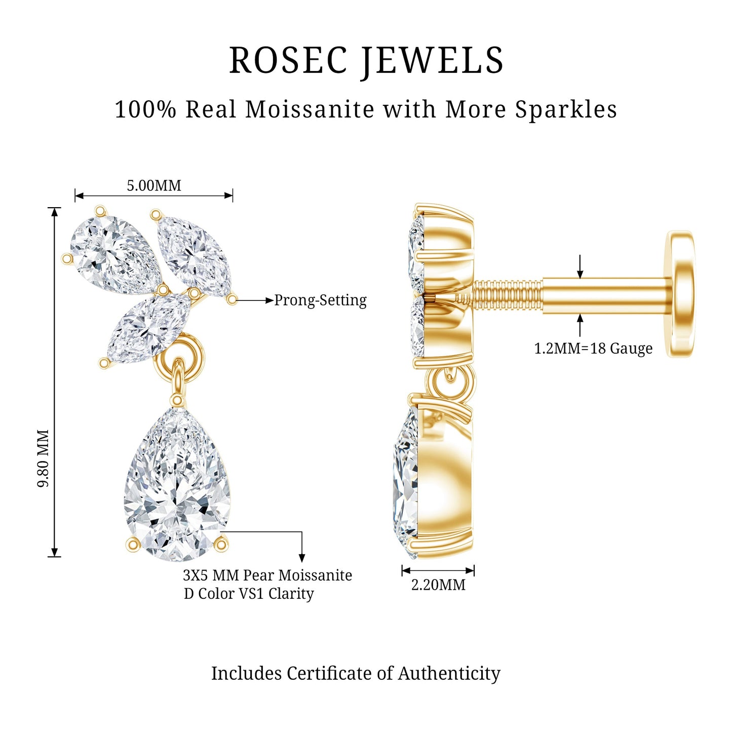Marquise and Pear Moissanite Cluster Drop Cartilage Earring