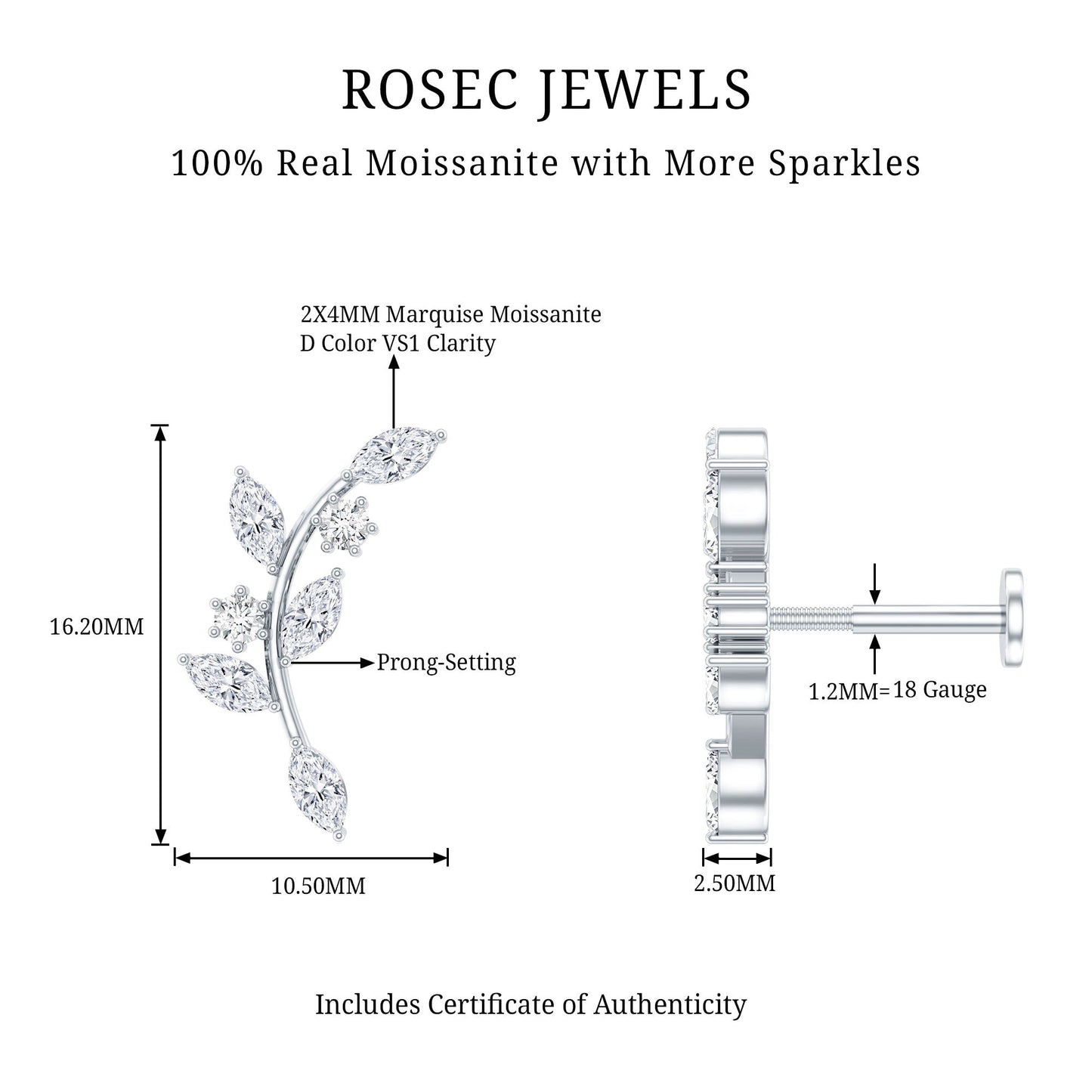 Certified Moissanite Leaf Climber Earring for Helix Piercing