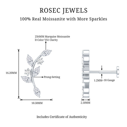 Certified Moissanite Leaf Climber Earring for Helix Piercing