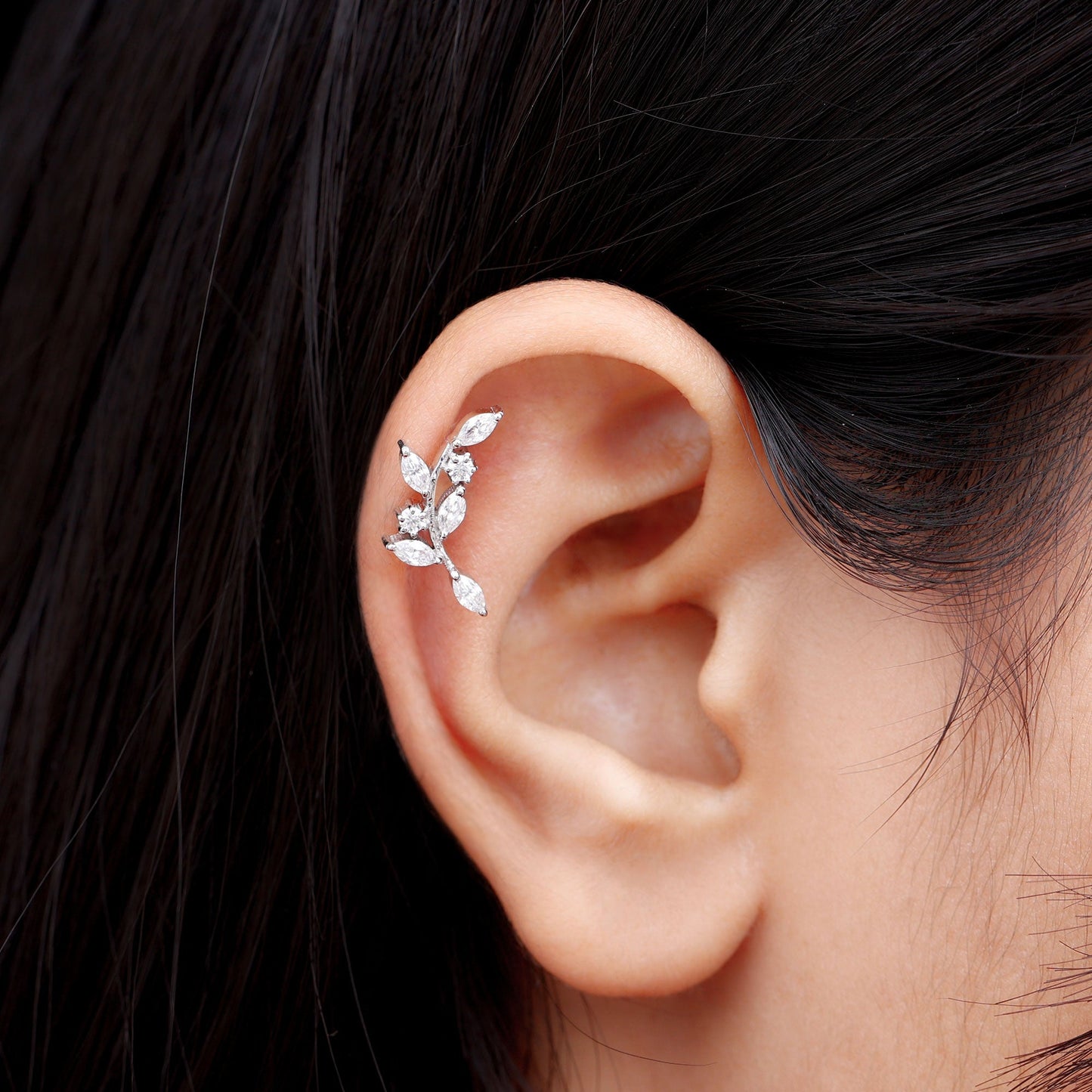 Certified Moissanite Leaf Climber Earring for Helix Piercing
