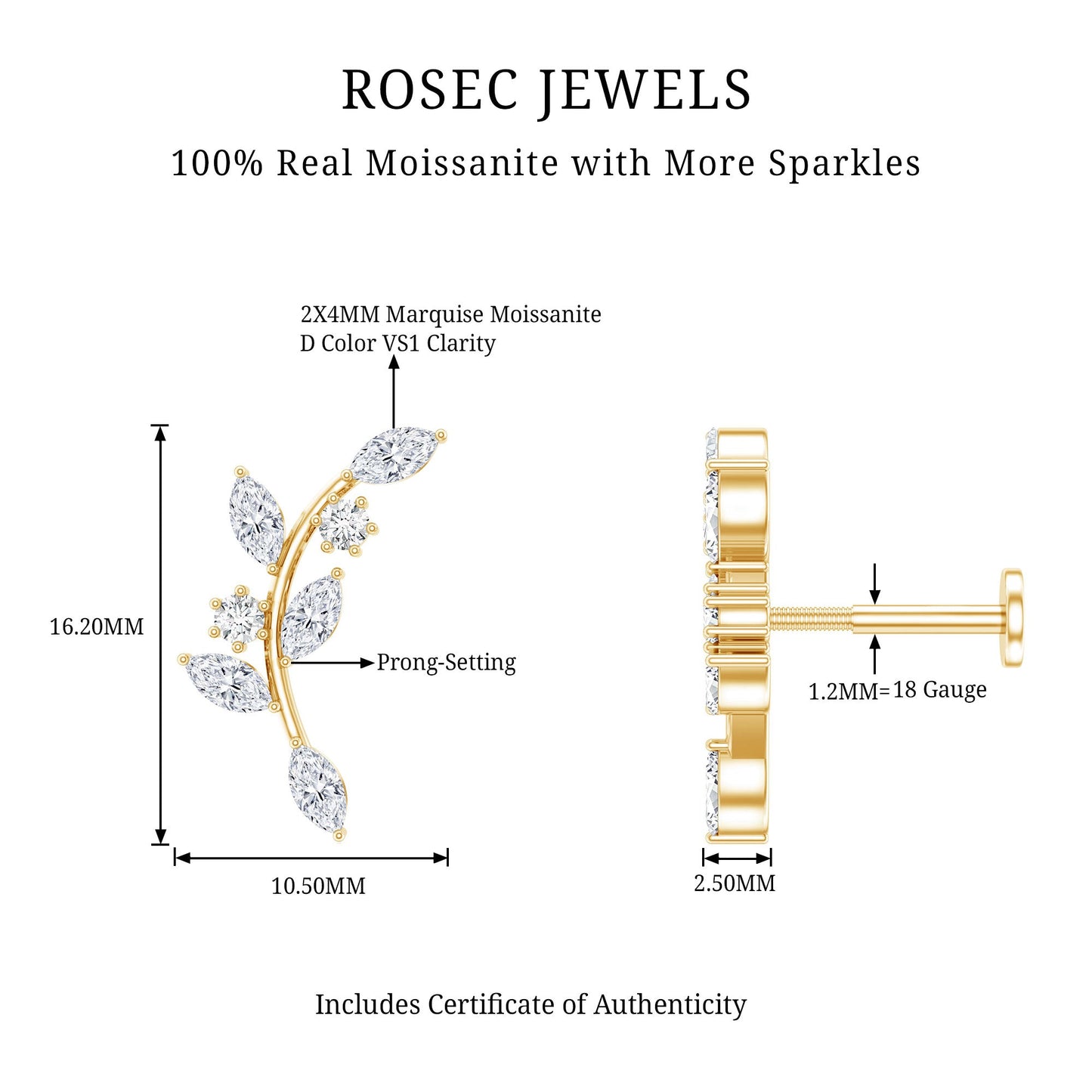 Certified Moissanite Leaf Climber Earring for Helix Piercing