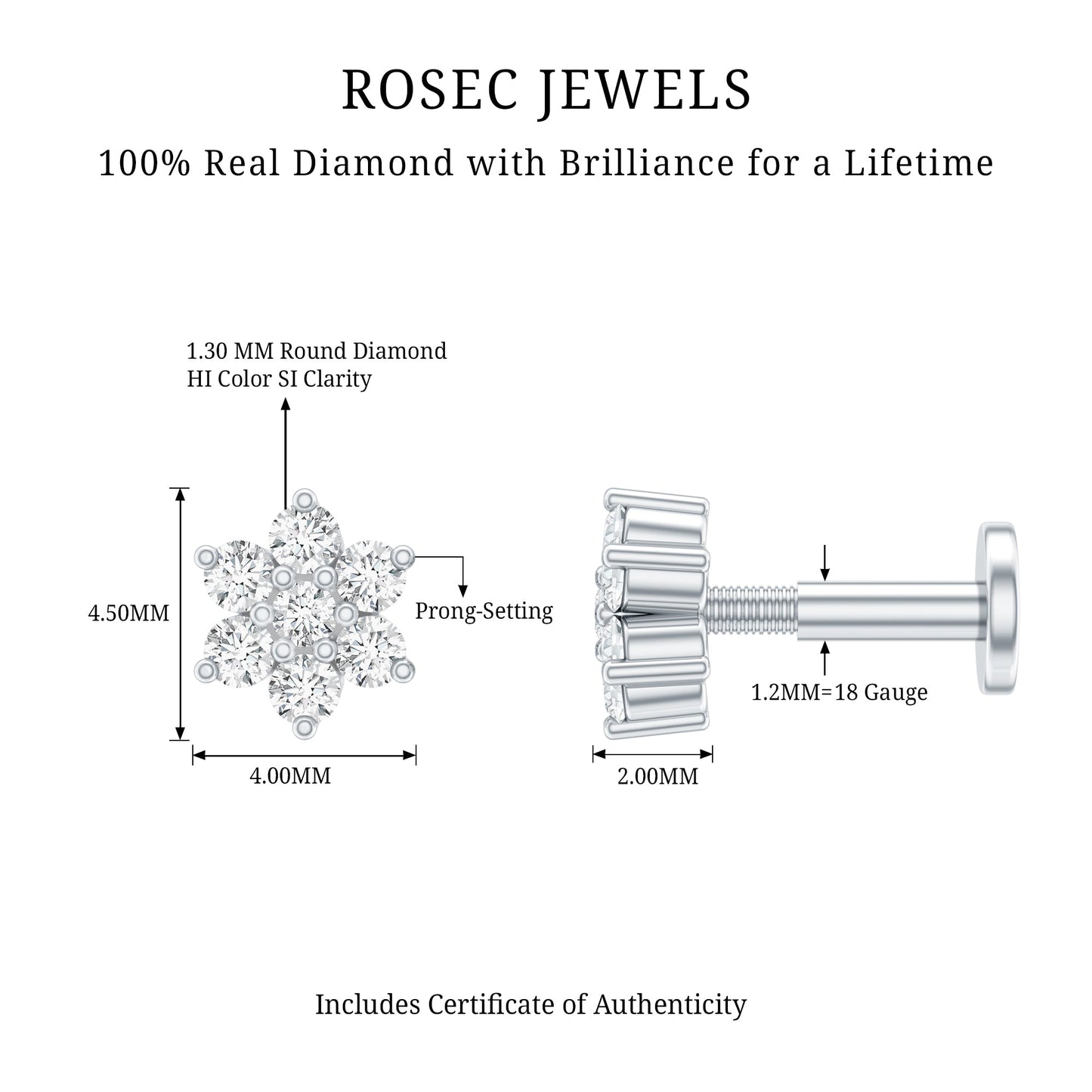 Round Cut Natural Diamond Flower Nose Stud For Women