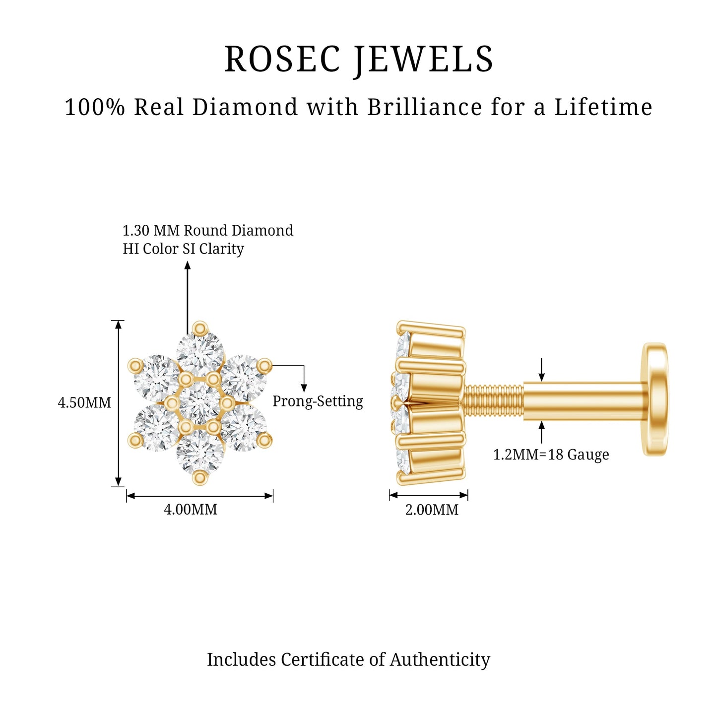 Round Cut Natural Diamond Flower Nose Stud For Women