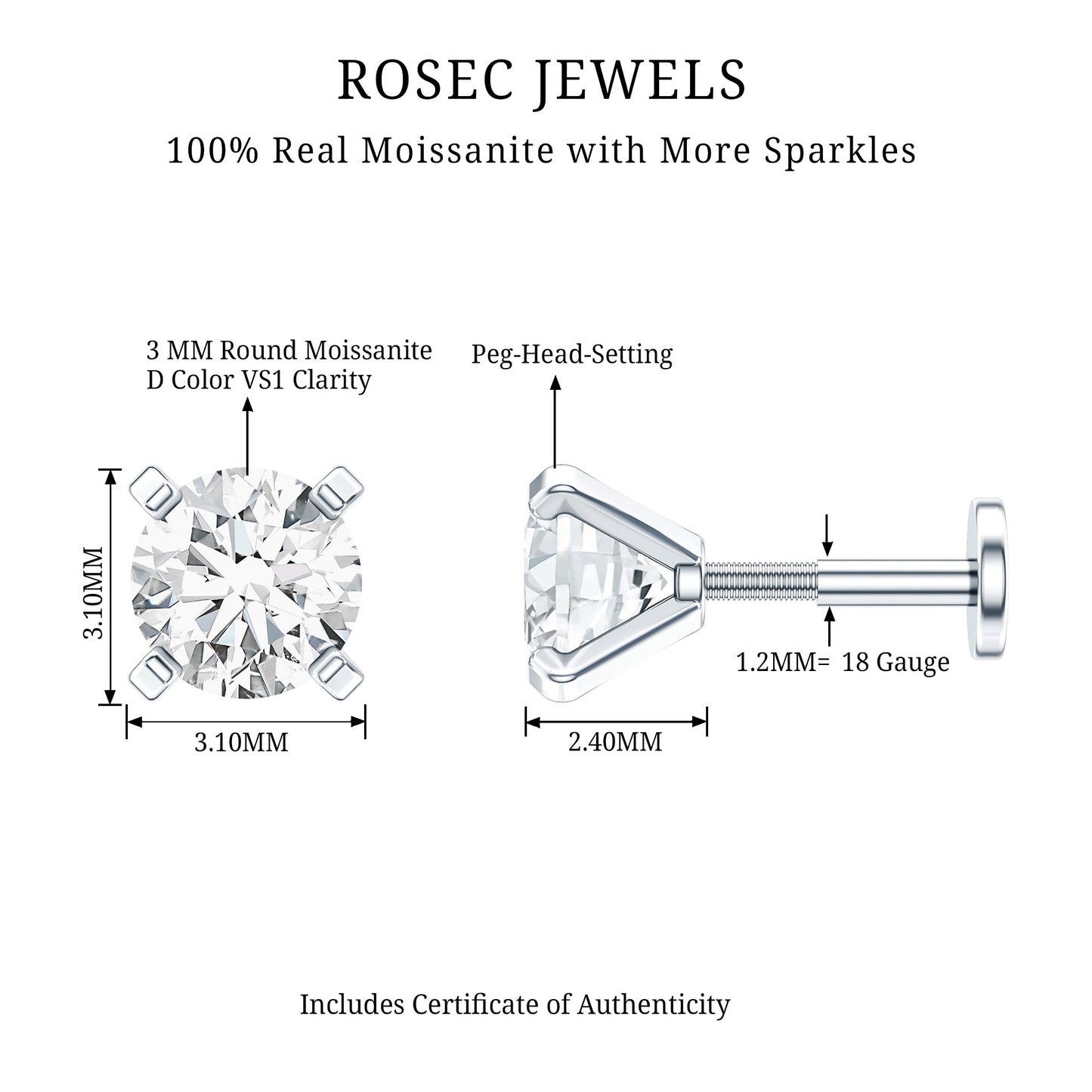 Round Shape Moissanite Solitaire Nose Pin