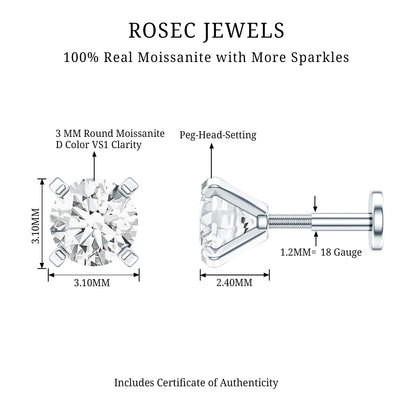 Round Shape Moissanite Solitaire Nose Pin