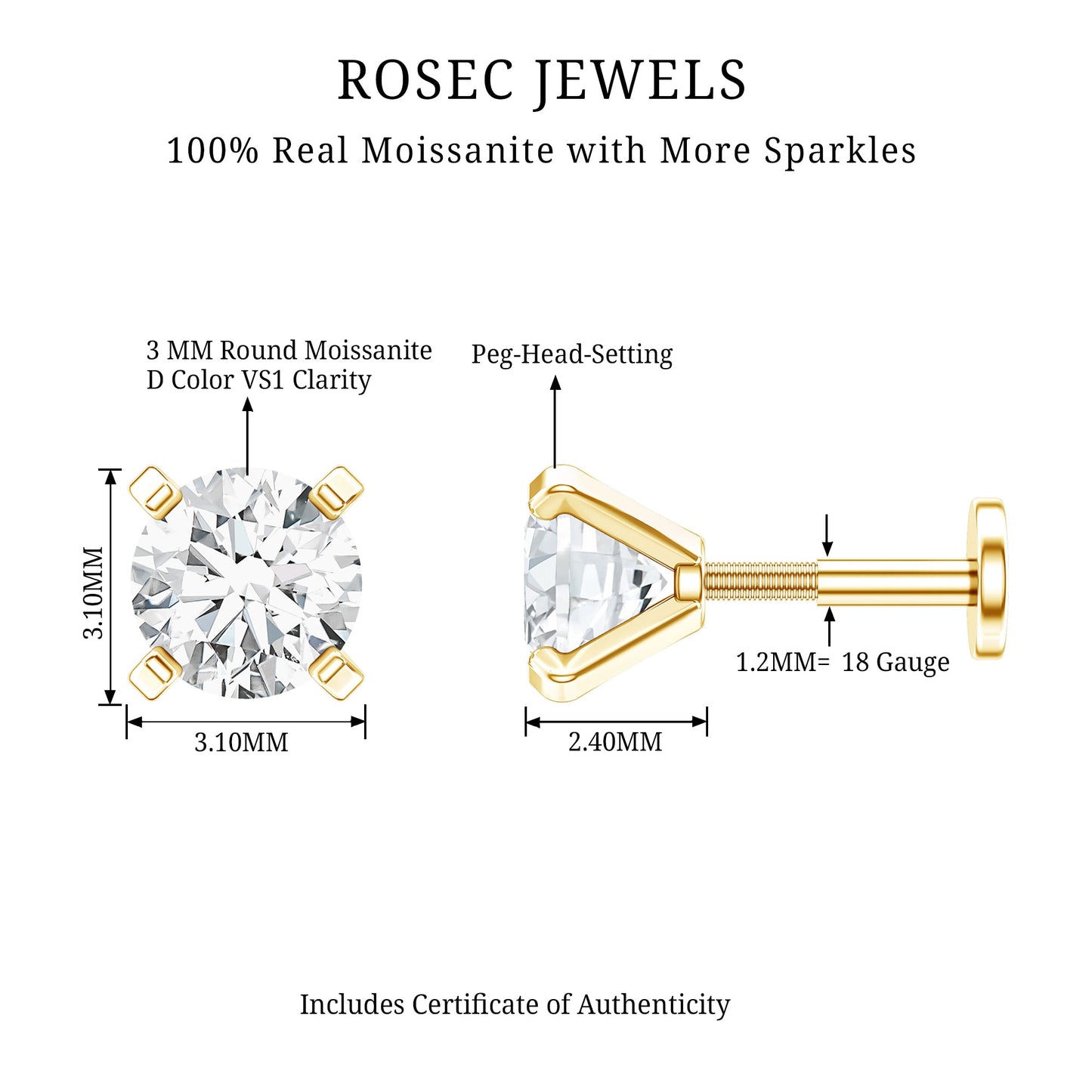 Round Shape Moissanite Solitaire Nose Pin