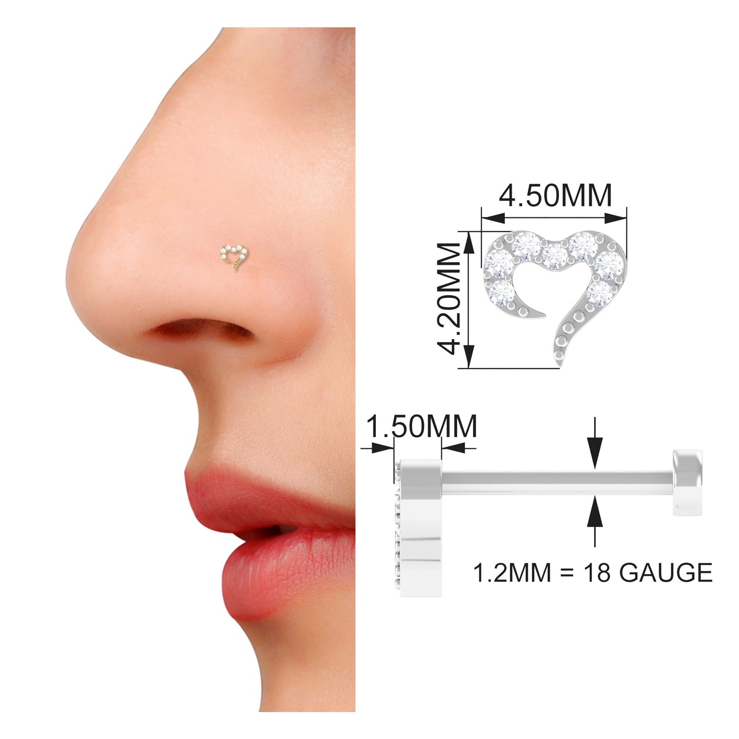 Round Shape Natural Diamond Heart Nose Pin