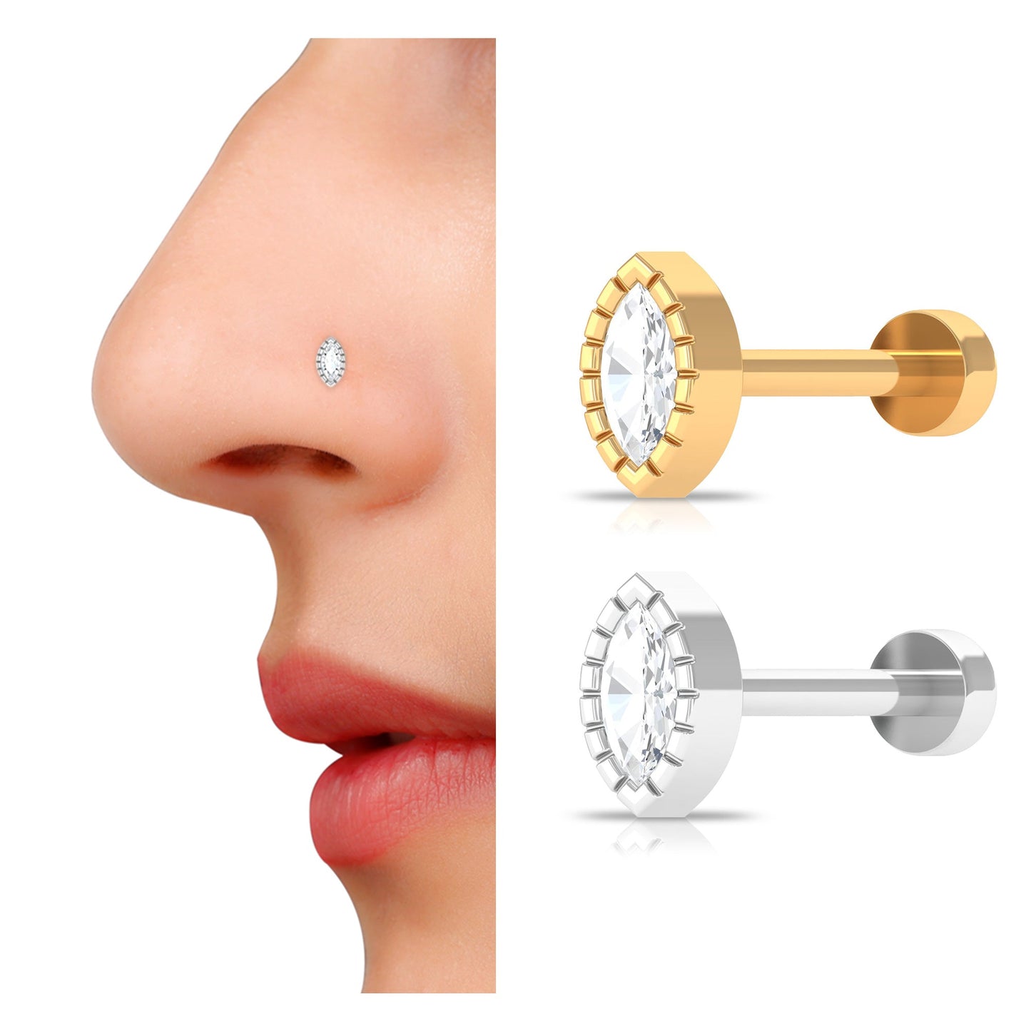Marquise Diamond Simple Nose Stud in Bezel Setting