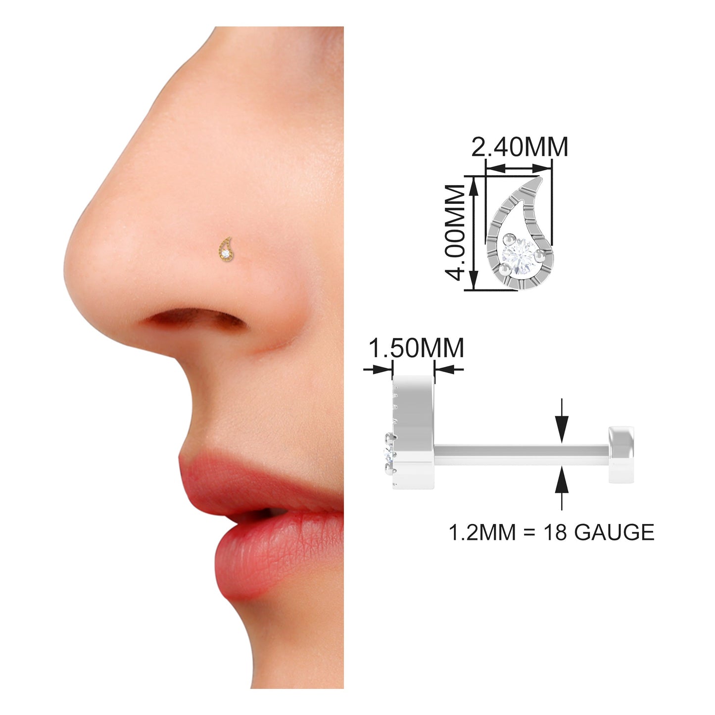 Round Cut Diamond Leaf Nose Pin in Prong Setting