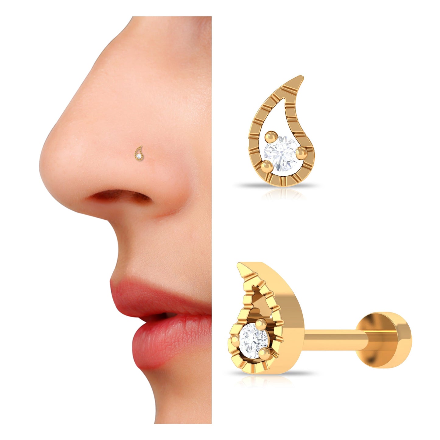 Round Cut Diamond Leaf Nose Pin in Prong Setting