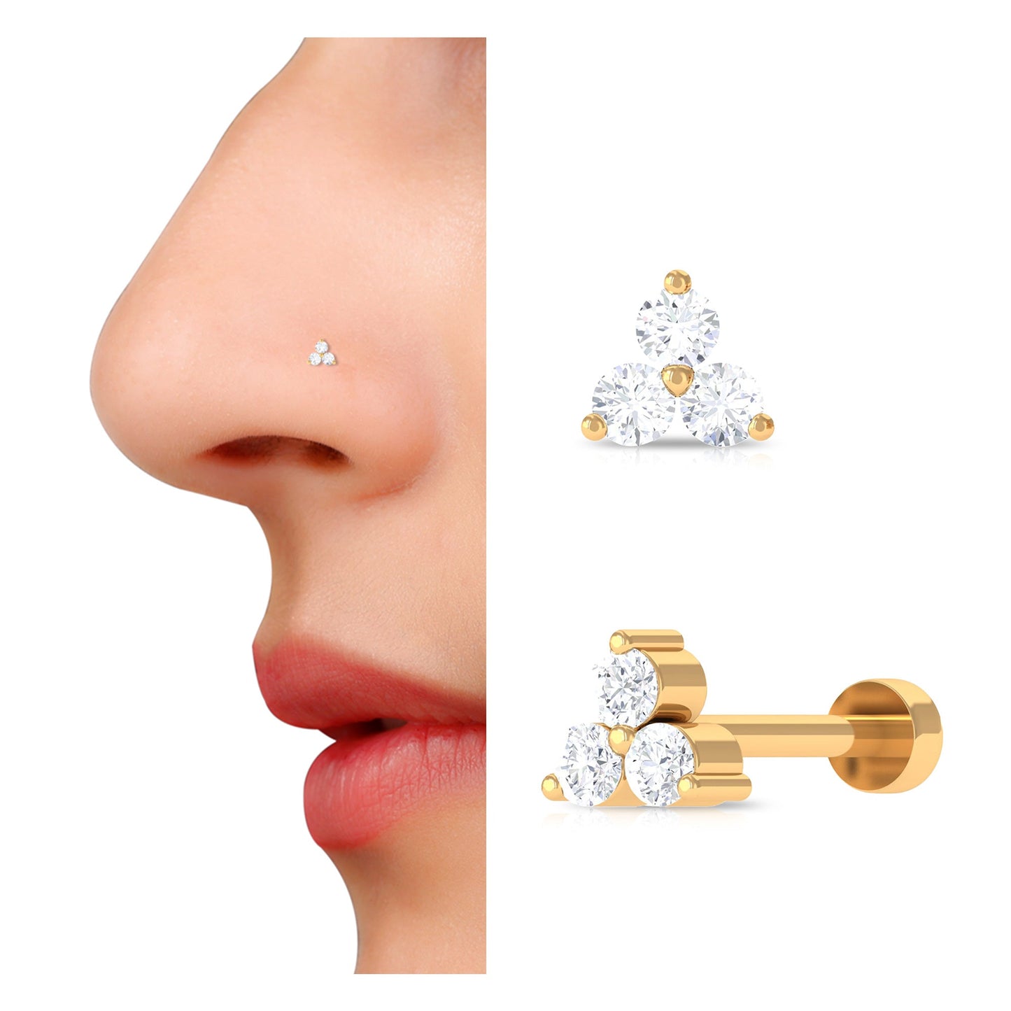 Round Diamond Three Stone Nose Pin