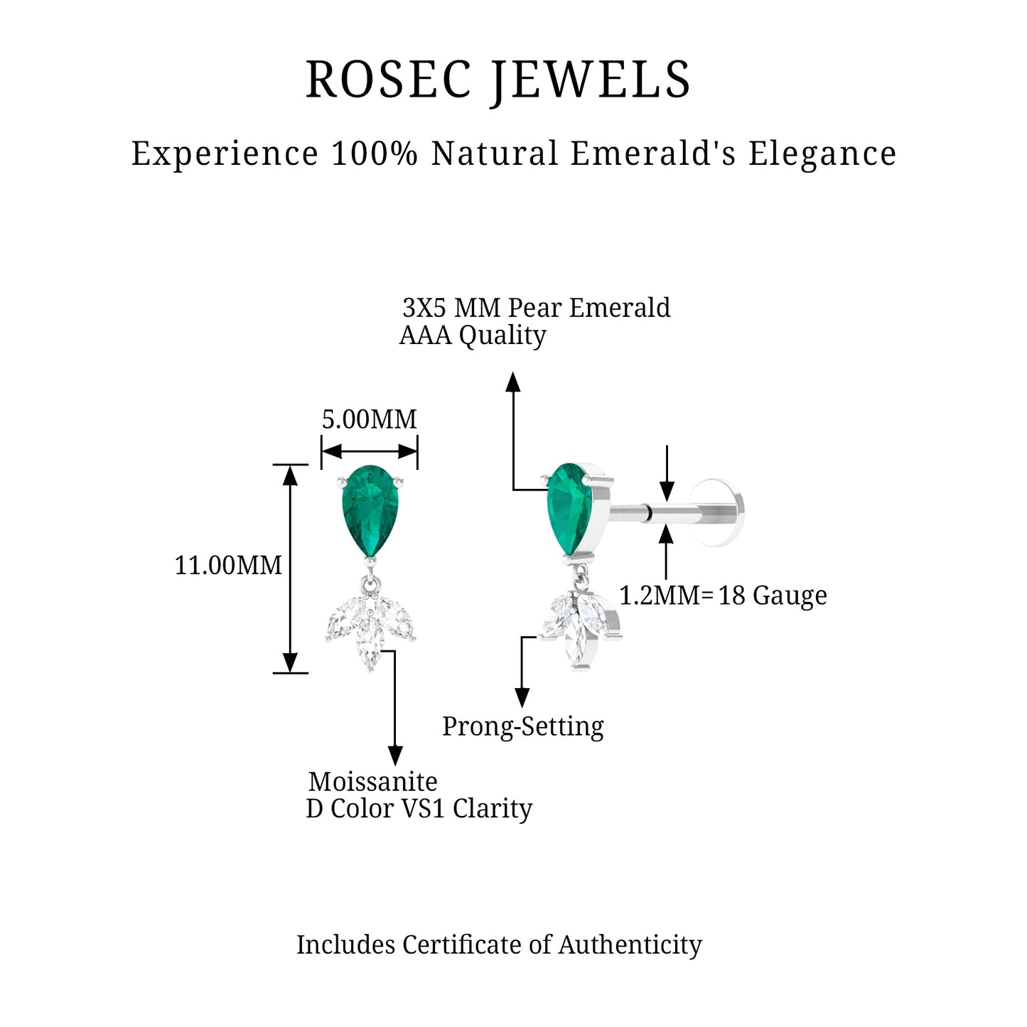 Certified Emerald and Diamond Drop Earring for Helix Piercing