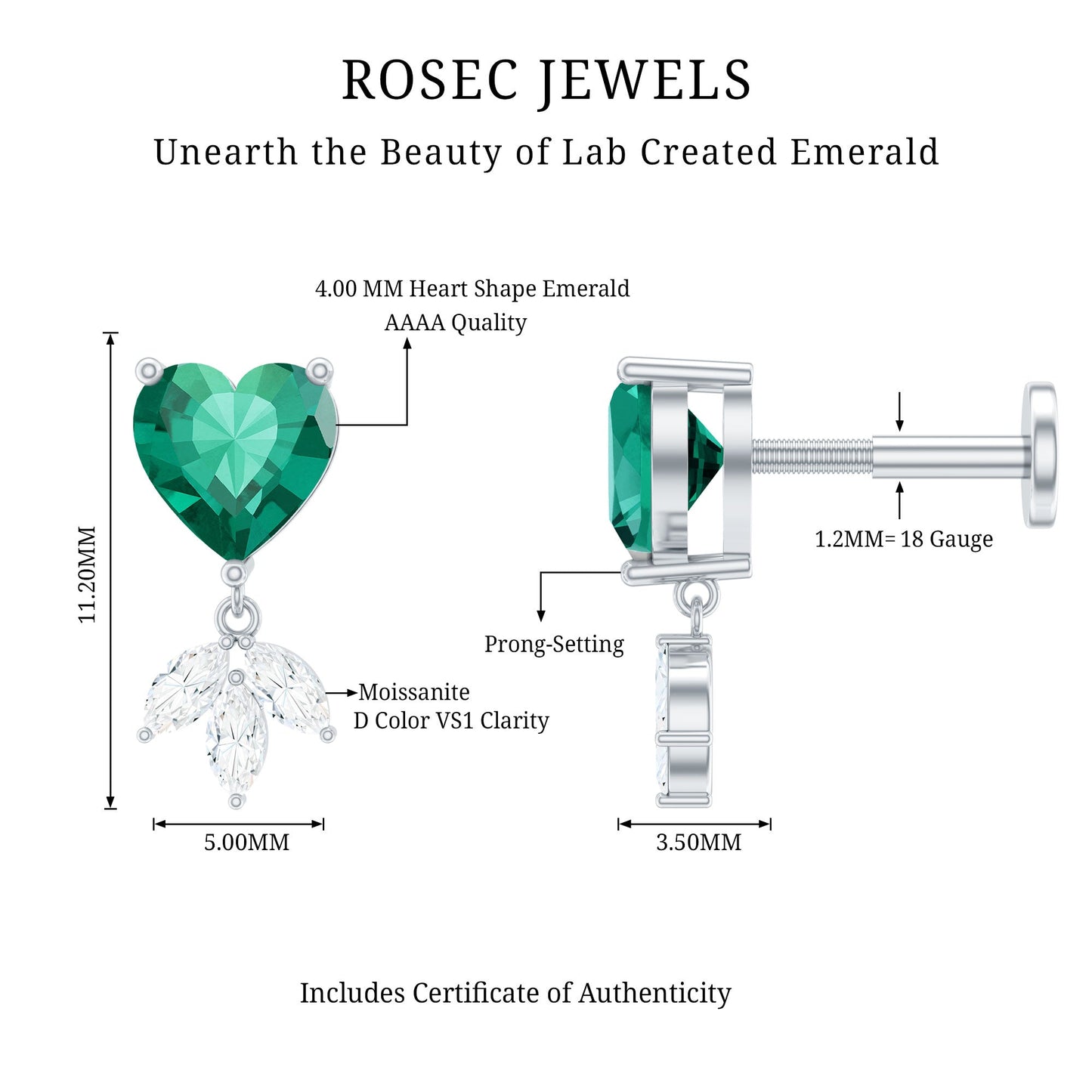 Heart Shape Lab Created Emerald and Diamond Helix Drop Earring