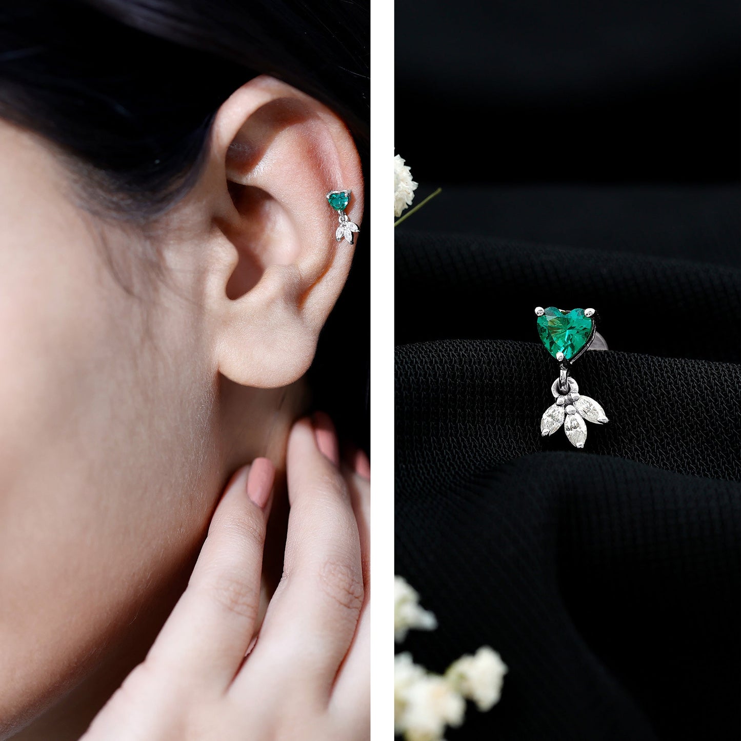 Heart Shape Lab Created Emerald and Diamond Helix Drop Earring
