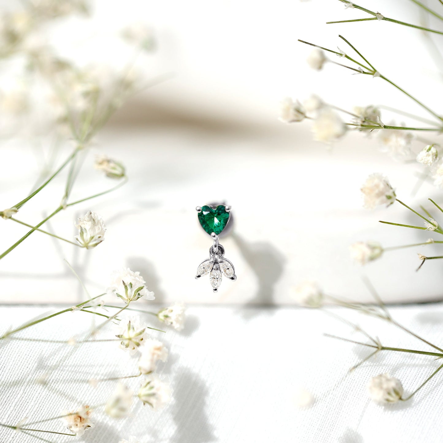 Heart Shape Lab Created Emerald and Diamond Helix Drop Earring