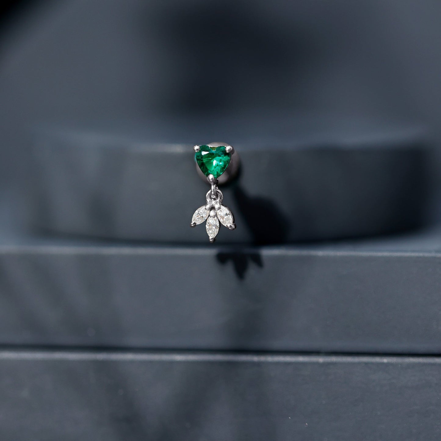 Heart Shape Lab Created Emerald and Diamond Helix Drop Earring