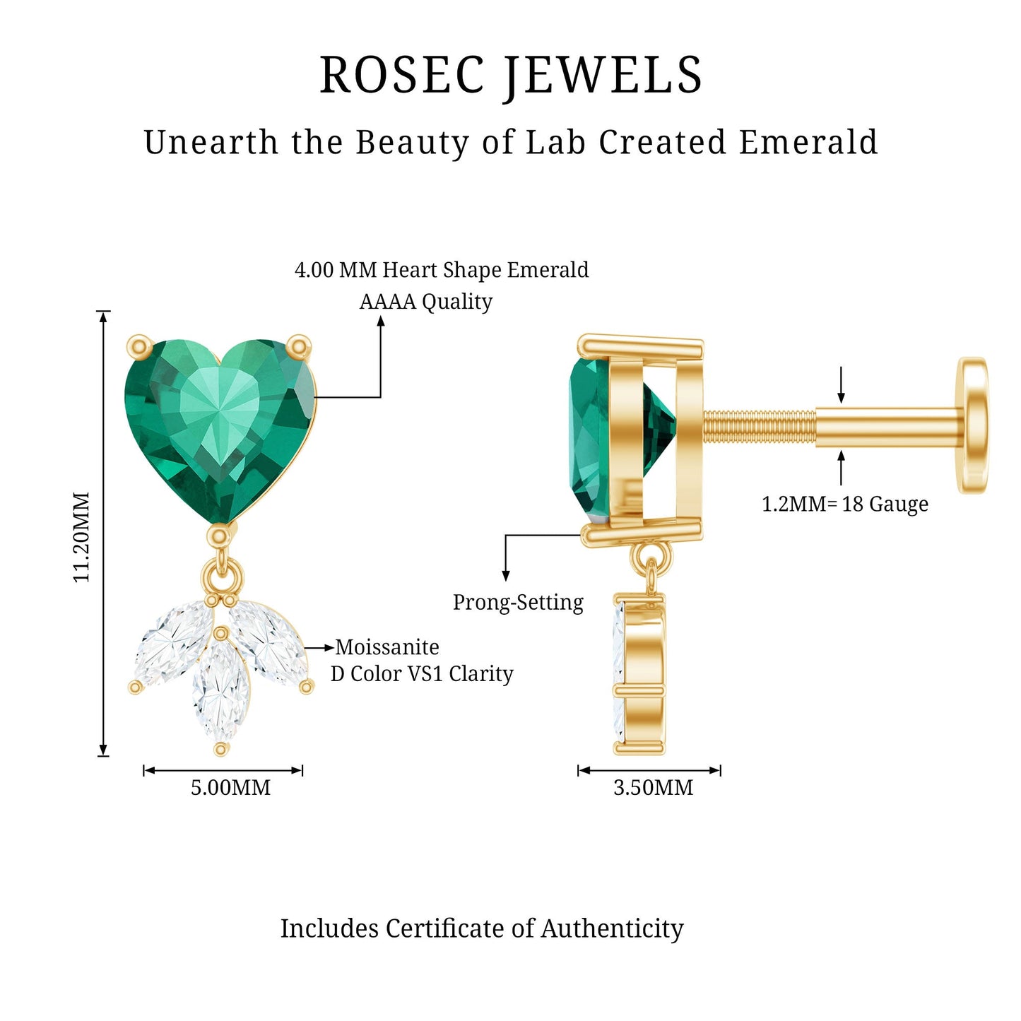 Heart Shape Lab Created Emerald and Diamond Helix Drop Earring