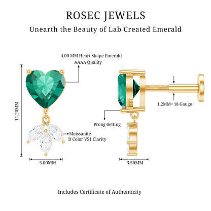Heart Shape Lab Created Emerald and Diamond Helix Drop Earring