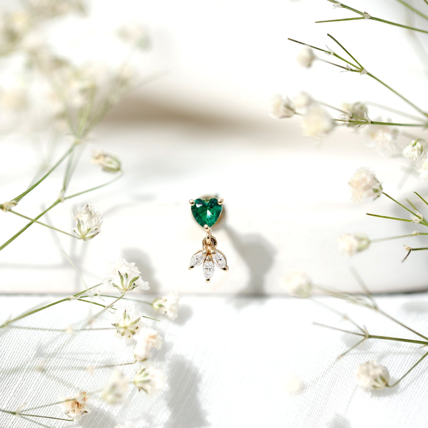 Heart Shape Lab Created Emerald and Diamond Helix Drop Earring