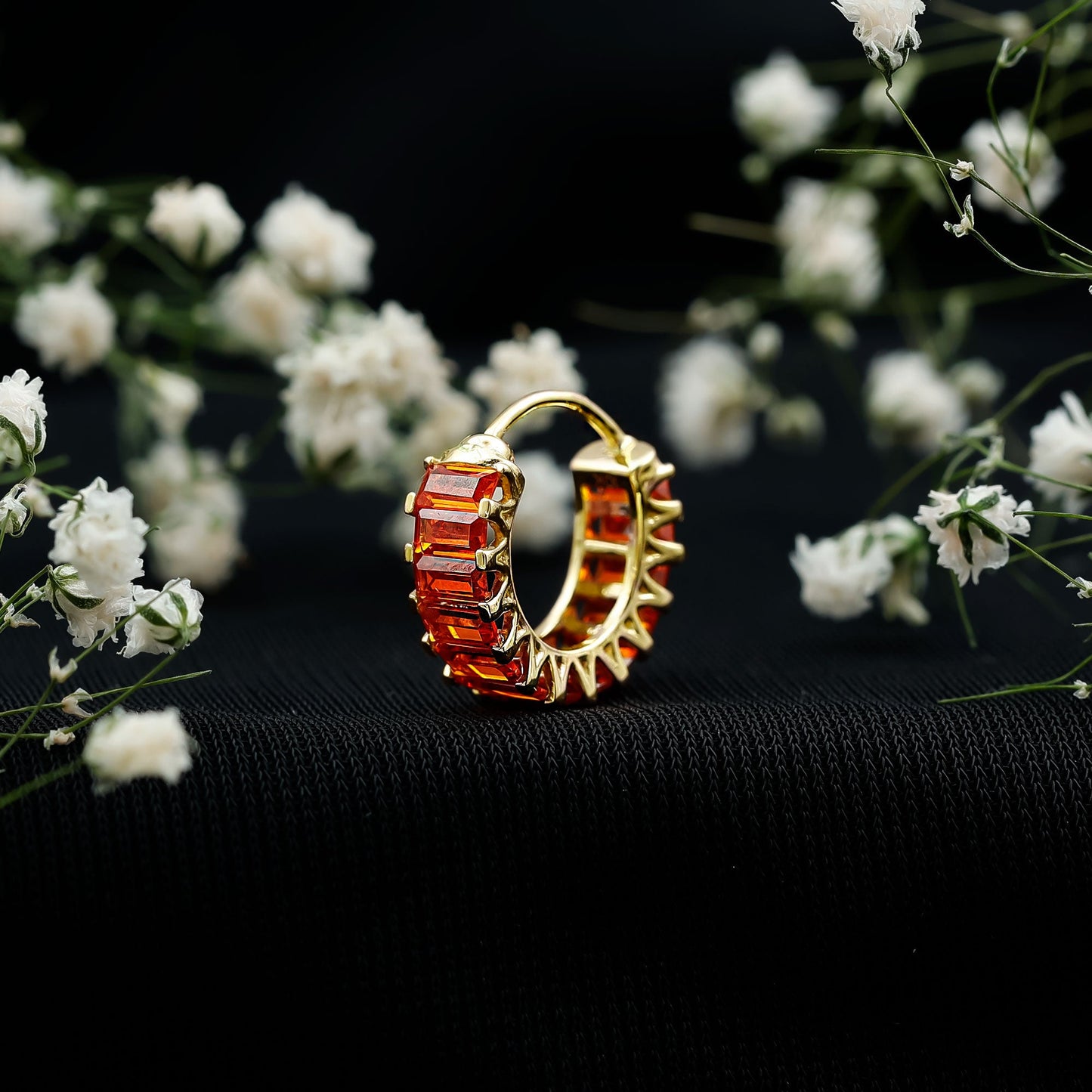 Baguette Cut Lab Grown Orange Sapphire Conch Hoop Earring