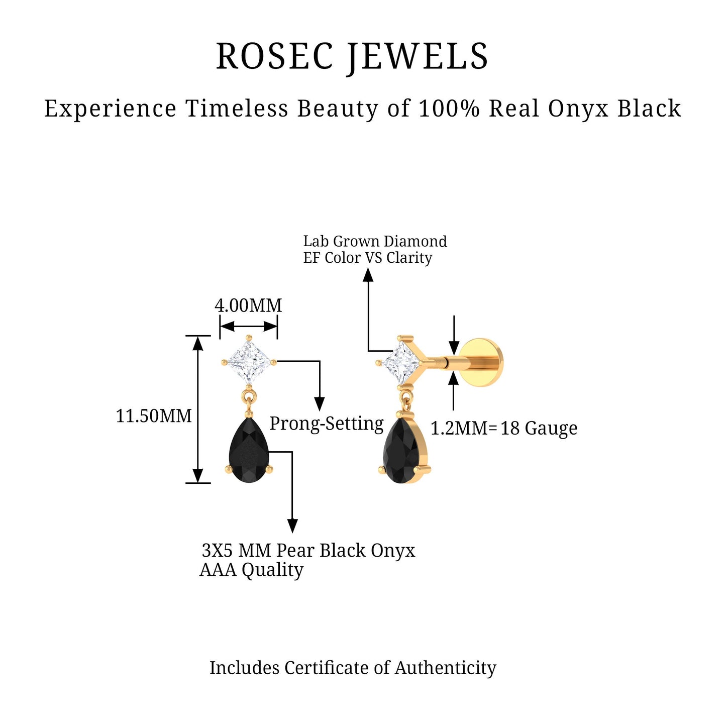 Pear Shape Black Onyx and Diamond Dangling Helix Earring