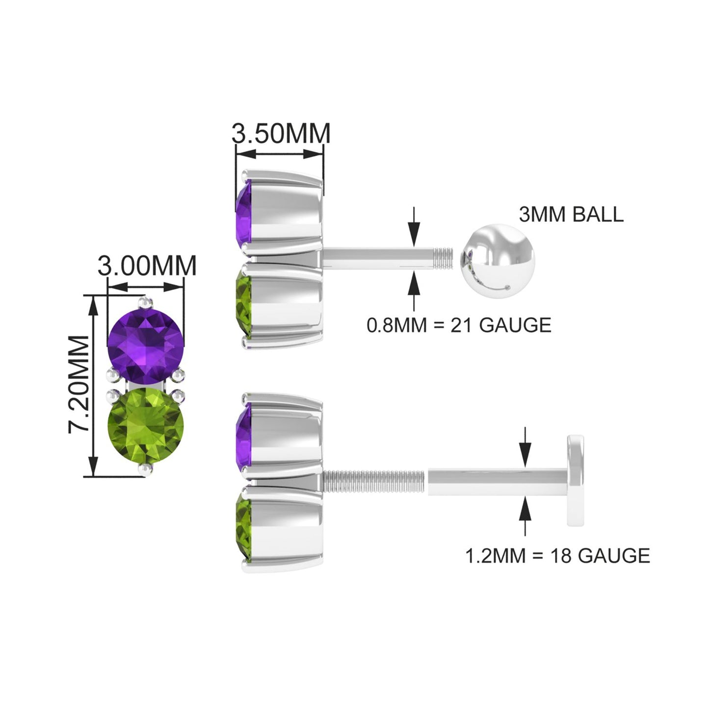Real Amethyst and Peridot Two Stone Helix Earring