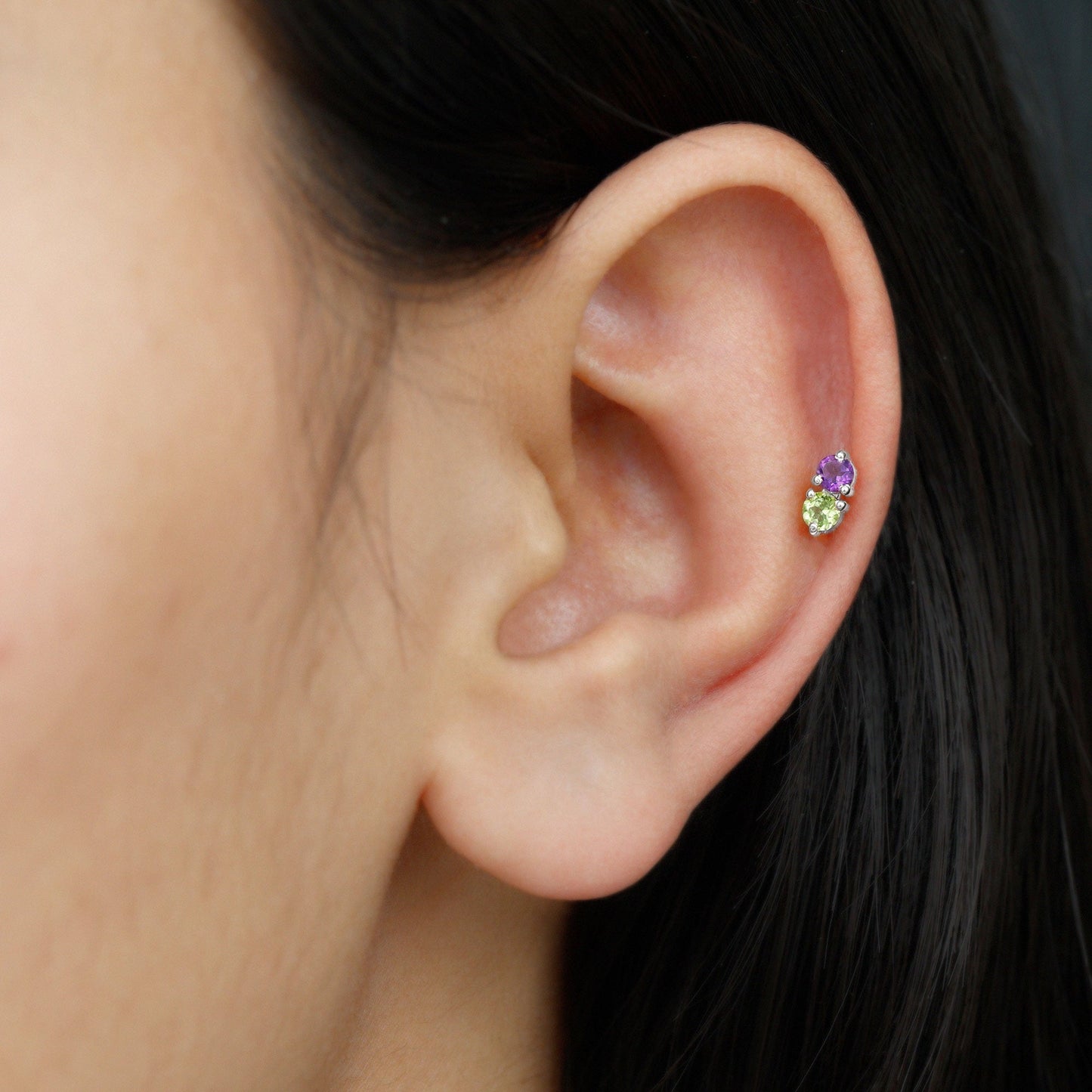 Real Amethyst and Peridot Two Stone Helix Earring