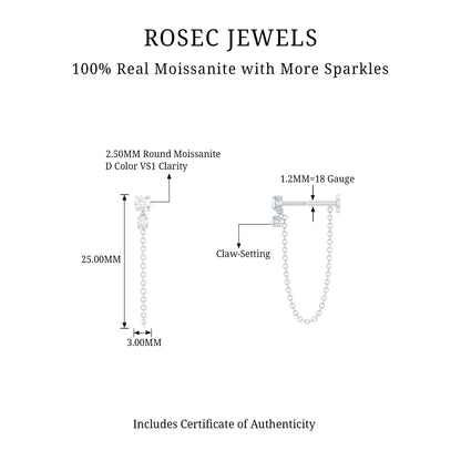 Round Moissanite Chain Drop Earring for Cartilage Piercing