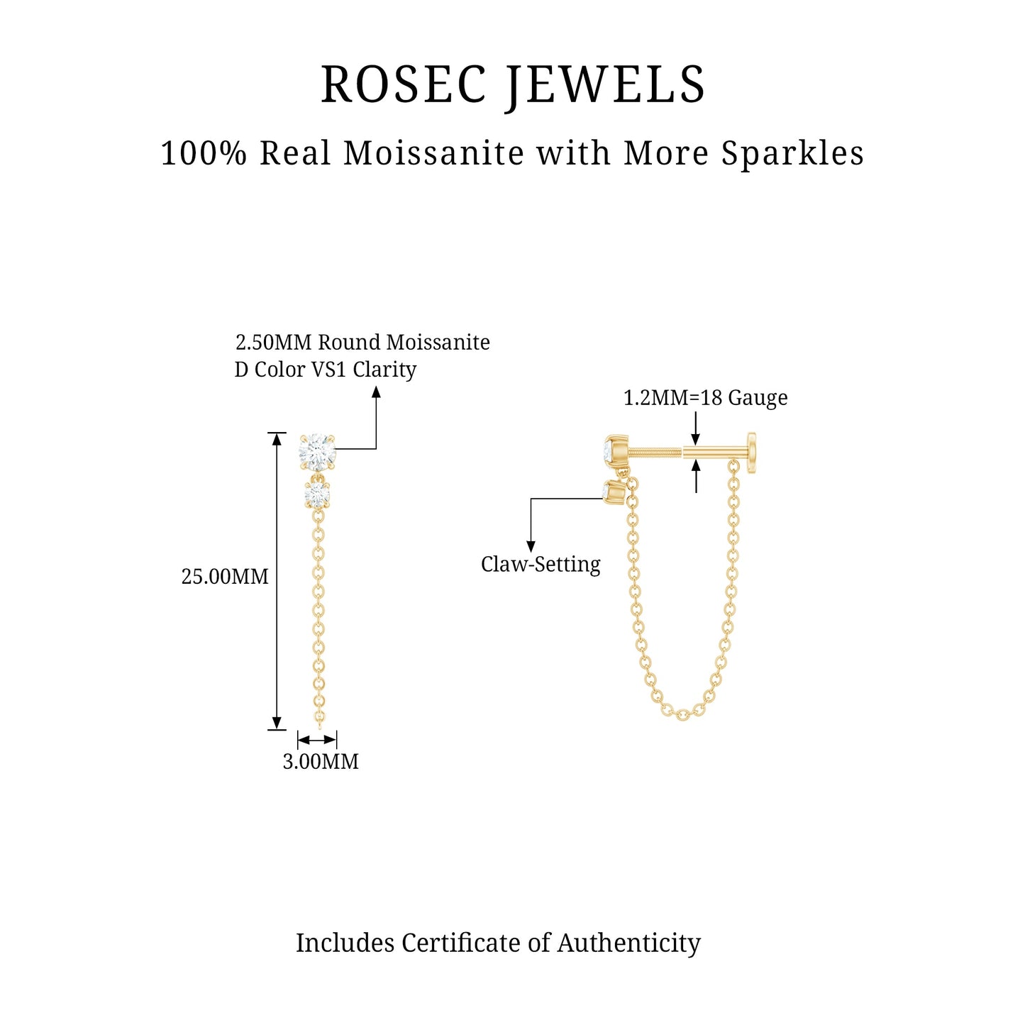 Round Moissanite Chain Drop Earring for Cartilage Piercing